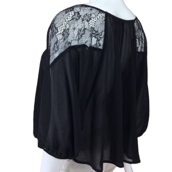 Black Flowy Chiffon Lace Round Boat Neck Quarter Sleeve Dressy Blouse Siz Medium - Picture 8 of 14